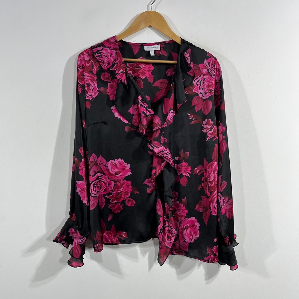 Fashion Bug Y2K Whimsigoth Floral Ruffle Cut Away Blouse Size Large Fairy Grunge
